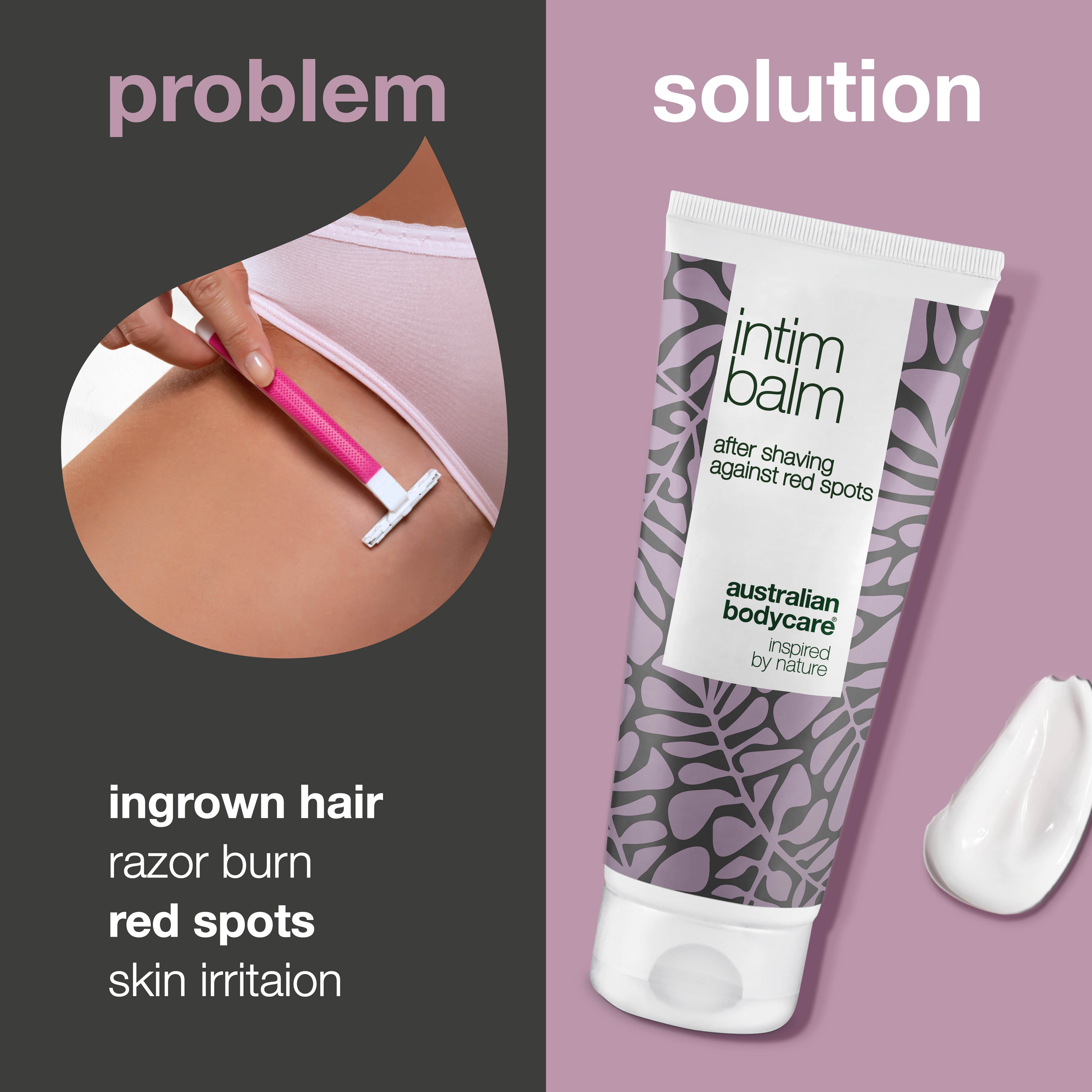 İntim bölge tıraş sonrası balsamı, tıraş yanığı, batık ve kabarıklık karşıtı — Tıraş sonrası hassas bölgeyi yatıştırır, kızarıklık ve tahriş görünümünü azaltmaya yardımcı olur