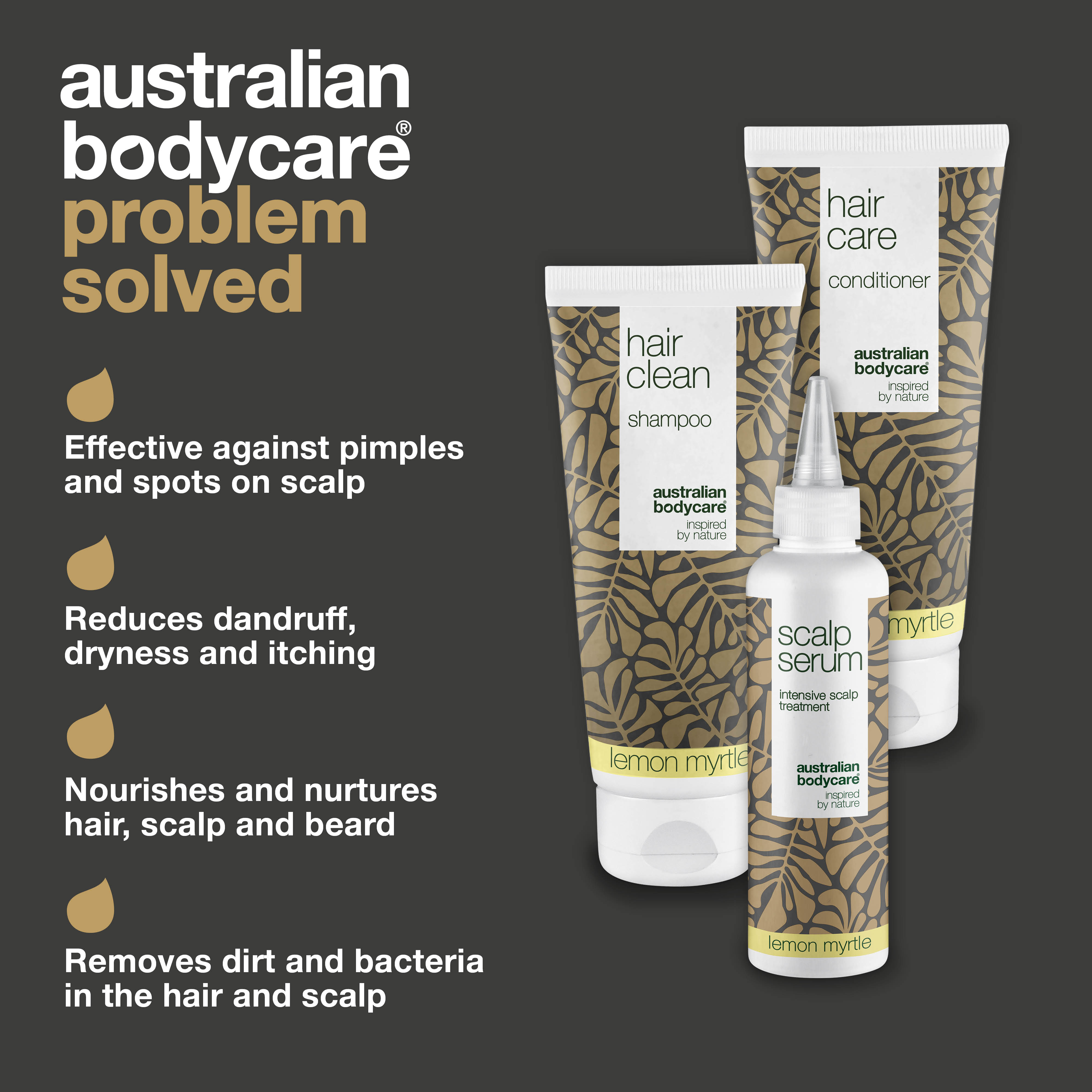 Limon Myrtle içeren saç derisi bakım kiti kepek ve kuru saç derisi için — Limon Myrtle içeren 3’lü bakım seti, saç derisini arındırmaya ve kepek görünümünü azaltmaya yardımcı olur