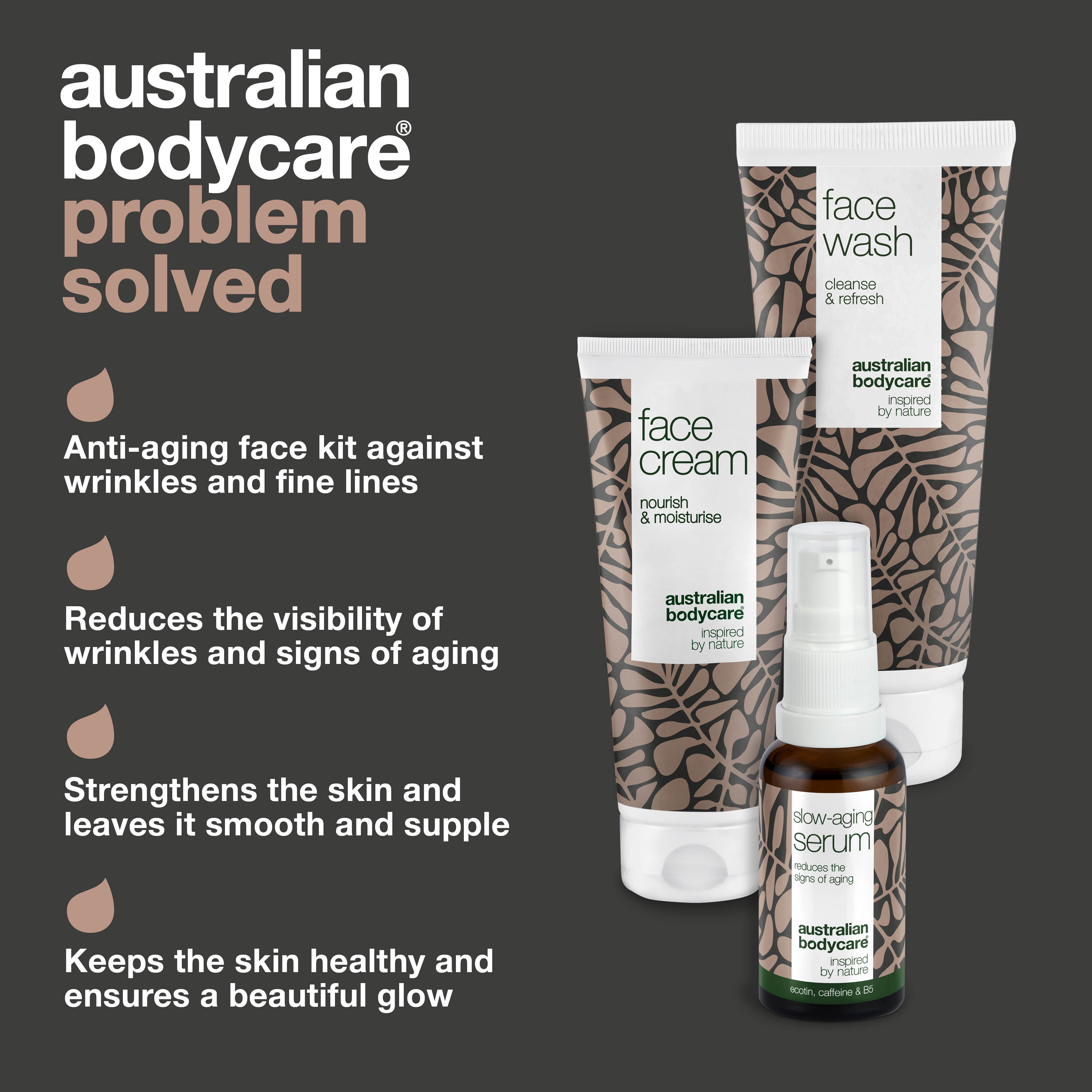 50+ ciltler için yaşlanma karşıtı bakım seti, kırışıklık ve elastikiyet kaybı hedefli yüz yıkama jeli, serum ve krem — Olgun ciltler için 3 adımlı günlük kırışıklık bakımı seti