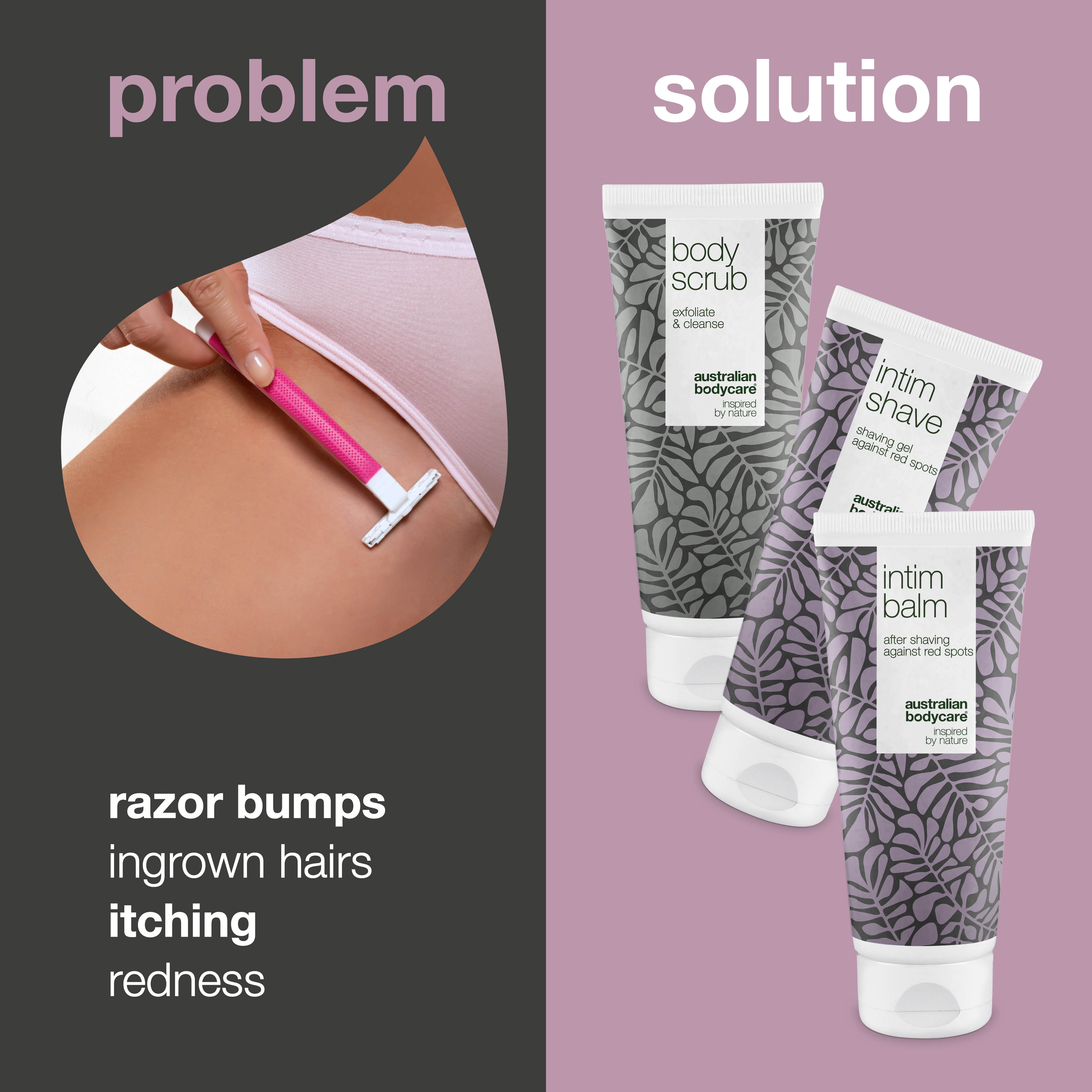 Kıl dönmesi ve tahrişsiz hassas bölge tıraşı seti — Özel bölge tıraşında kıl dönmesi ve tıraş kabarcıklarını azaltmaya yardımcı 3 ürünlü bakım rutini