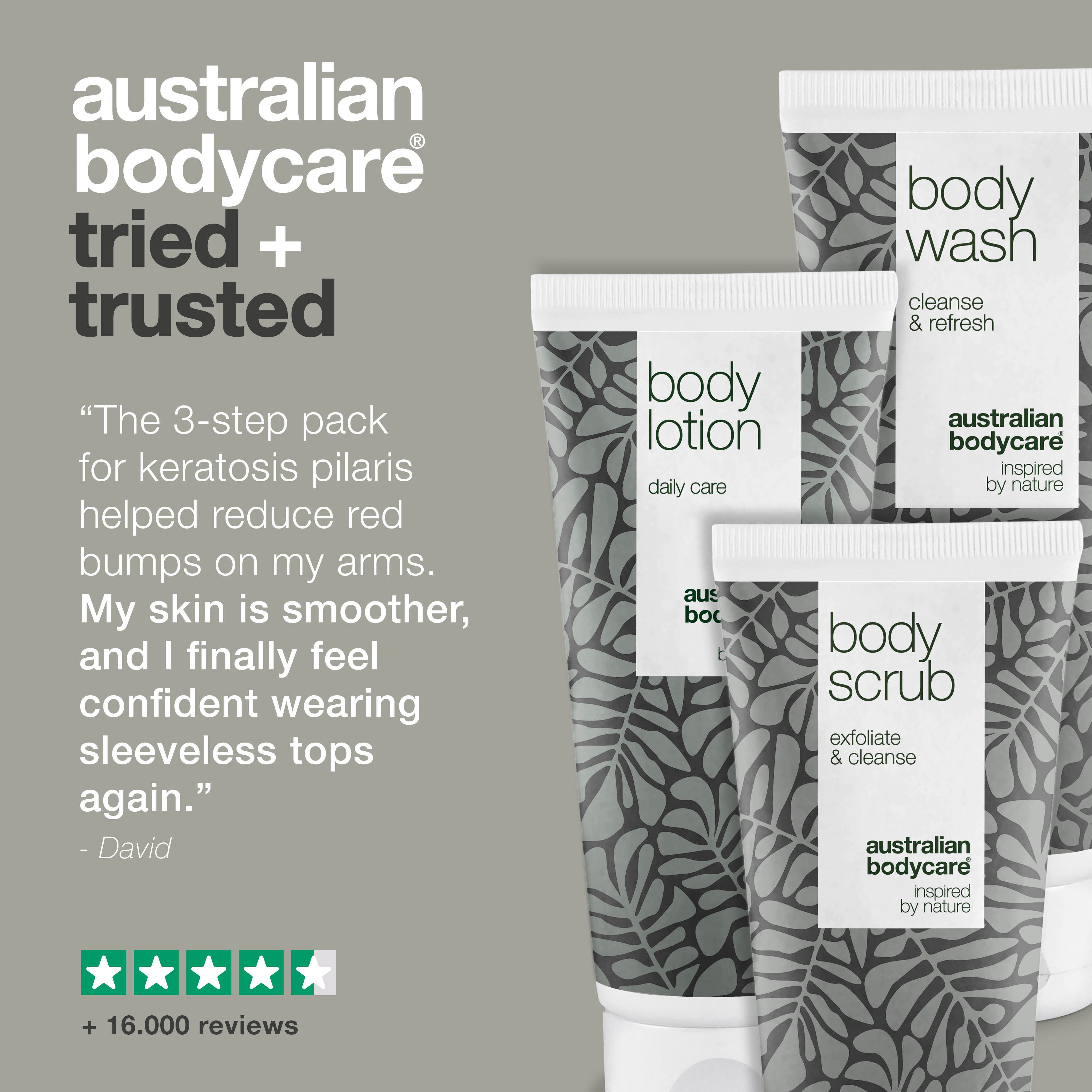 Keratozis pilaris için 3’lü bakım seti — Keratozis pilarise bağlı küçük kabarcıkları ve kızarıklıkları hedef alarak cildi yatıştırmaya, dokuyu pürüzsüz hissettirmeye yardımcı olur