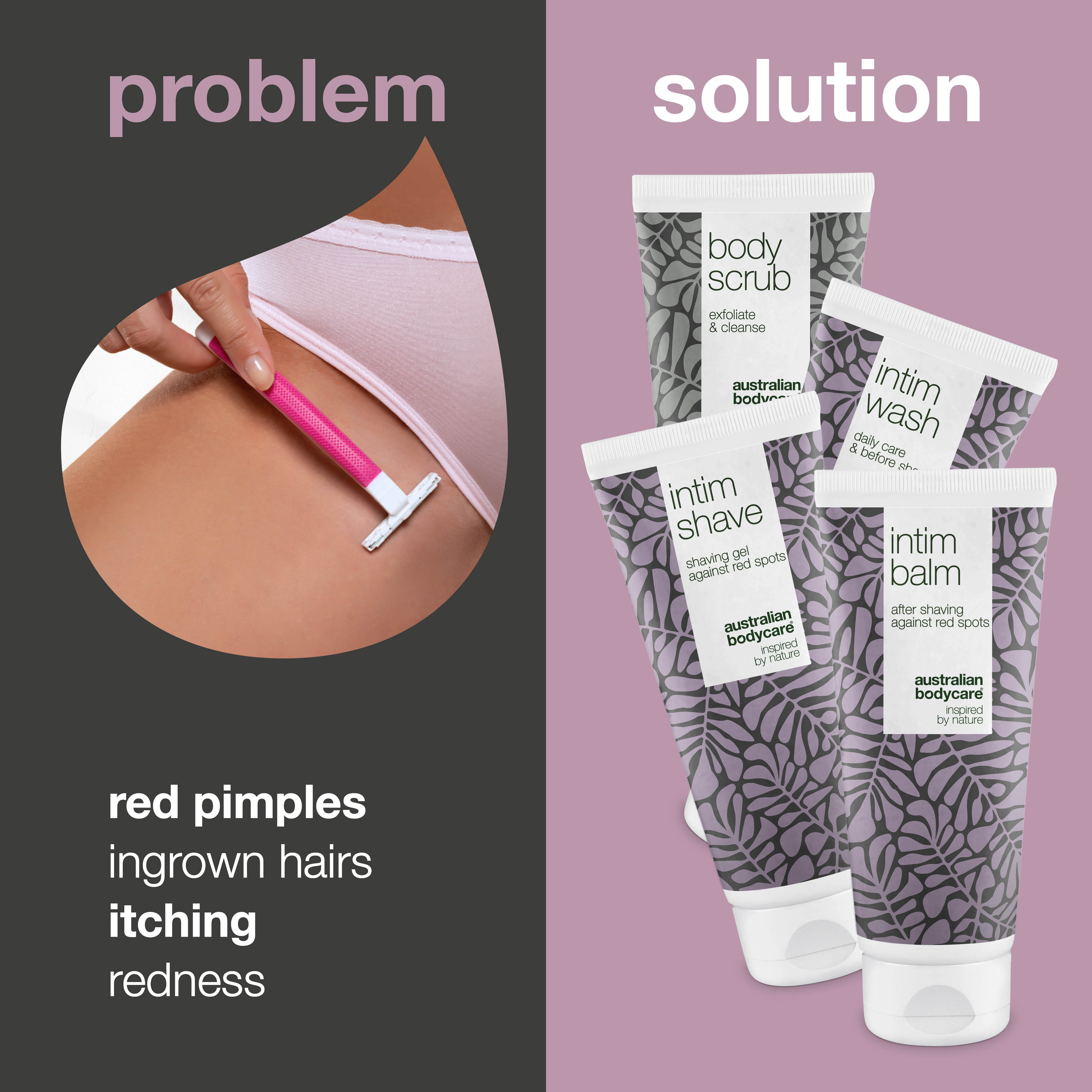 İntim bölge tıraşı için 4’lü bakım seti — kızarıklığa yatkın ciltler için tasarlanan bu set, tıraş sonrası kırmızı sivilce ve batık kılların görünümünü azaltmaya yardımcı olur