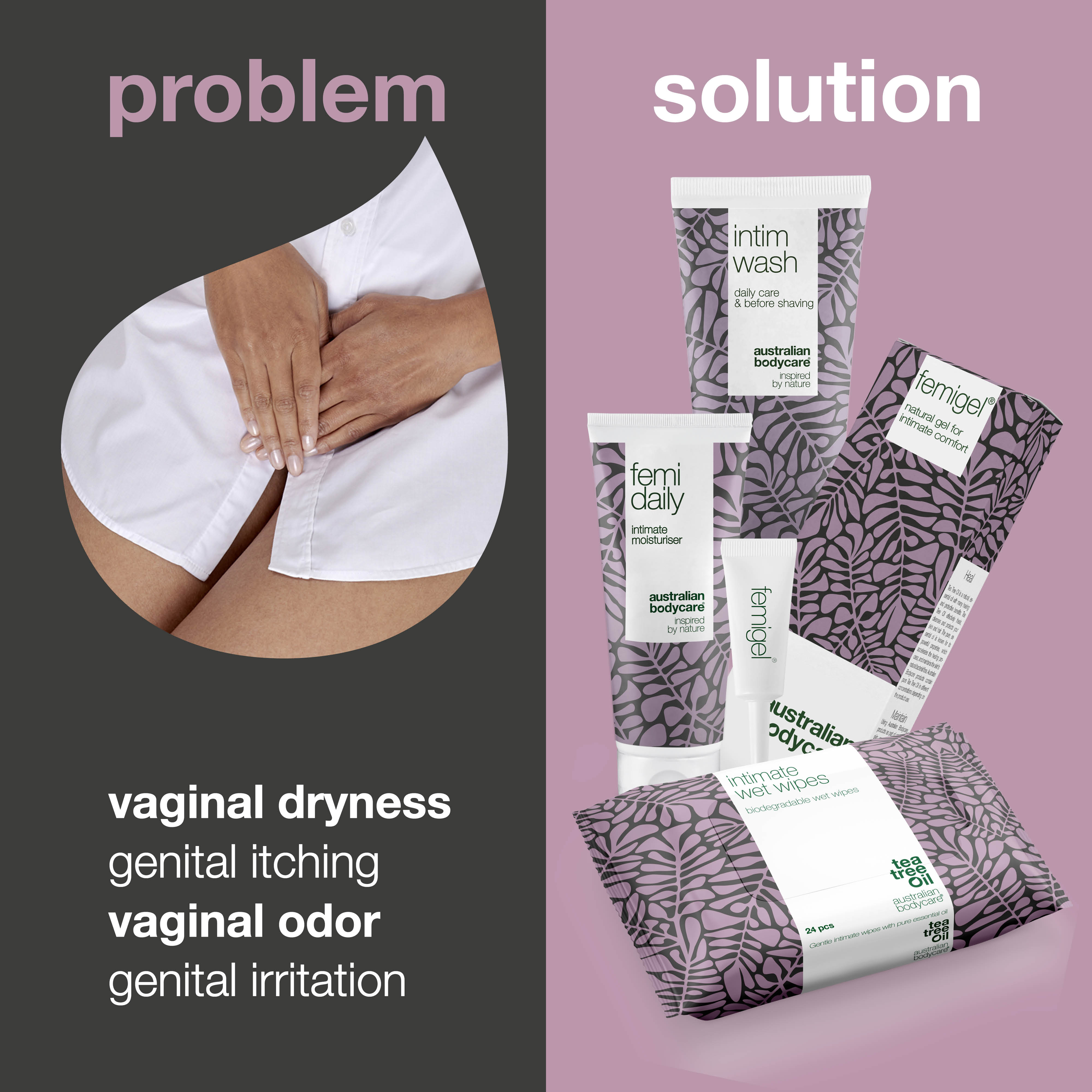 İntim bölge bakımı ve hijyeni için 4’lü set — Kaşıntı, kızarıklık, kuruluk ve istenmeyen kokuyu azaltmaya ve tekrarını önlemeye yardımcı günlük bakım seti