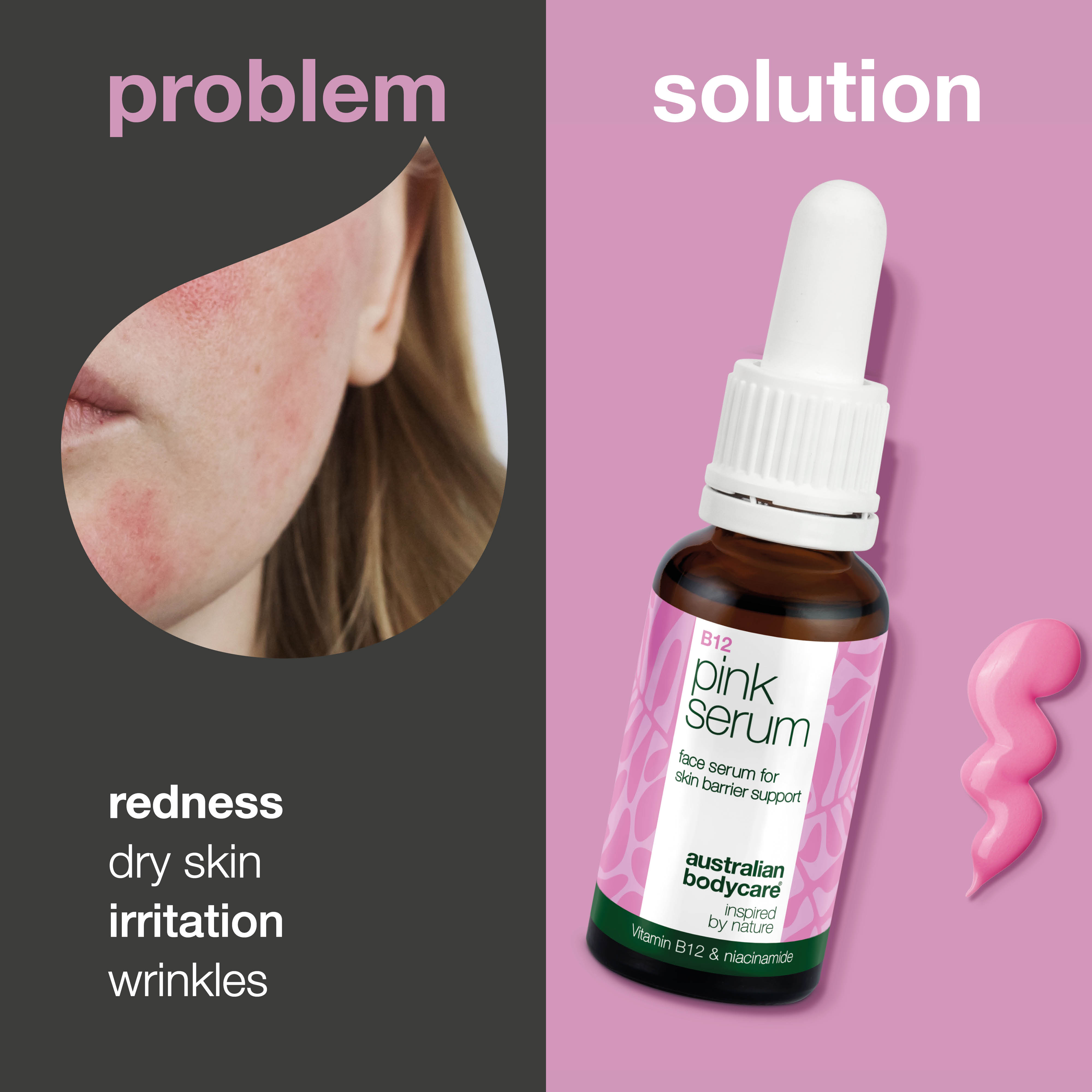 Vitamin B12 pembe serum kızarıklık ve donukluk karşıtı bakım — B12 Pink Serum cilt bariyerini güçlendirmeye, kızarıklığı ve yaşlanma belirtilerini azaltmaya, cildi yumuşak ve aydınlık bırakmaya yardımcı olur