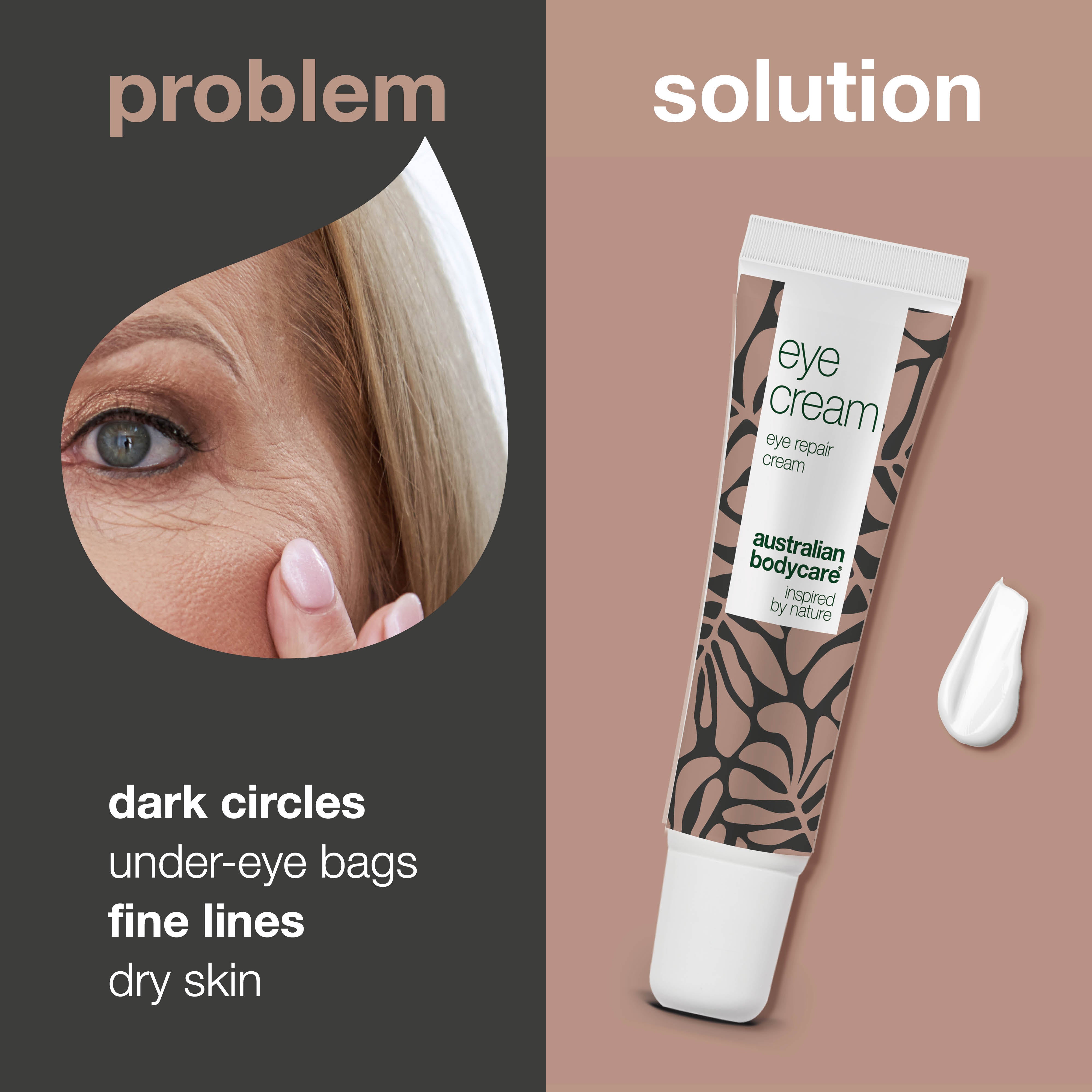 Göz Altı Morlukları, Şişlik ve İnce Çizgiler için Göz Kremi — Şişlik ve morluk görünümünü azaltmaya, hassas göz çevresini nemlendirmeye ve daha aydınlık, dinlenmiş bir ifade sunmaya yardımcı olur