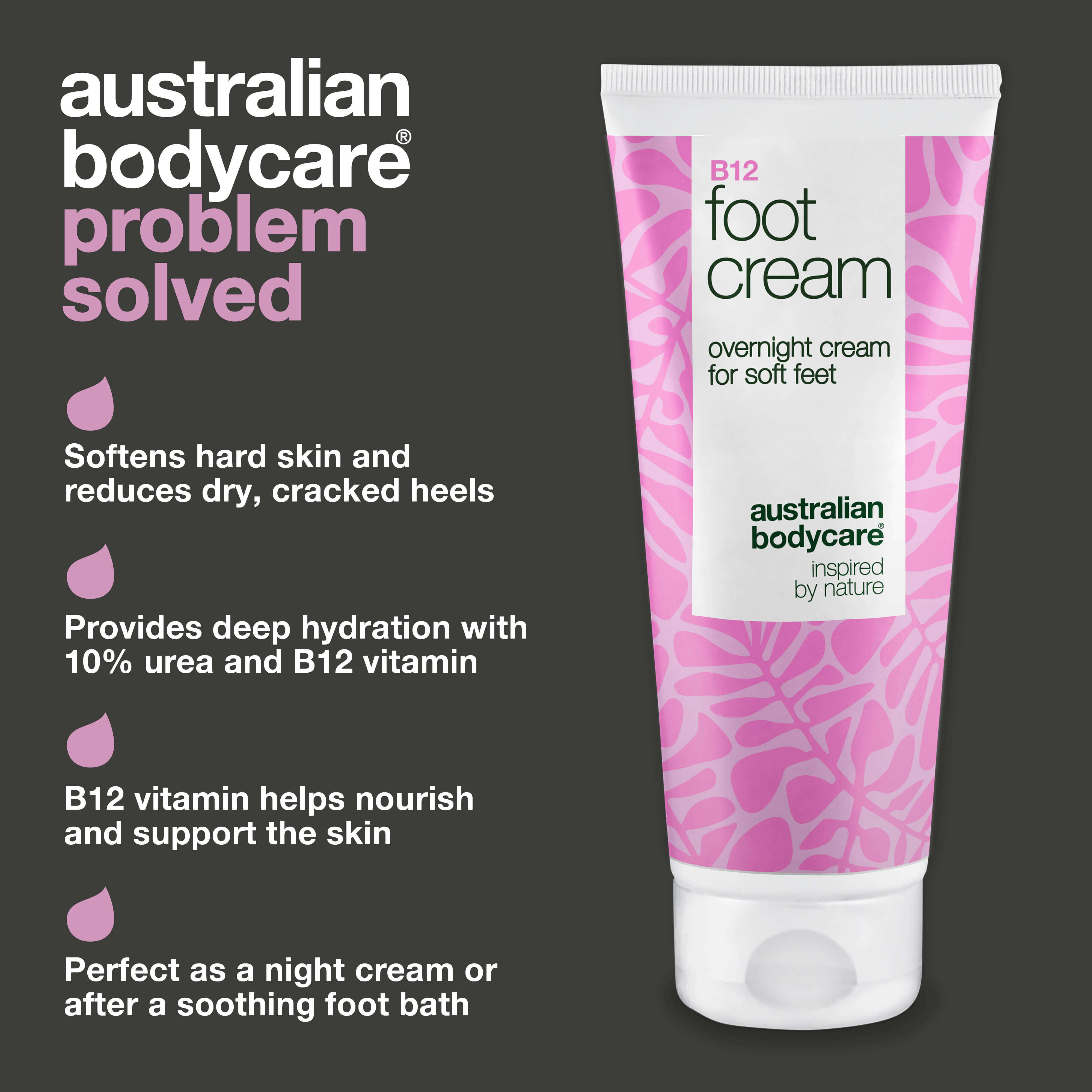 Vitamin B12 ve %10 Üre İçeren Ayak Kremi – Kuru ve sertleşmiş ayak derisini yumuşatmaya, pürüzlü görünümü azaltmaya ve gece bakımı ya da ayak banyosu sonrası yoğun nem sağlamaya yardımcı olur