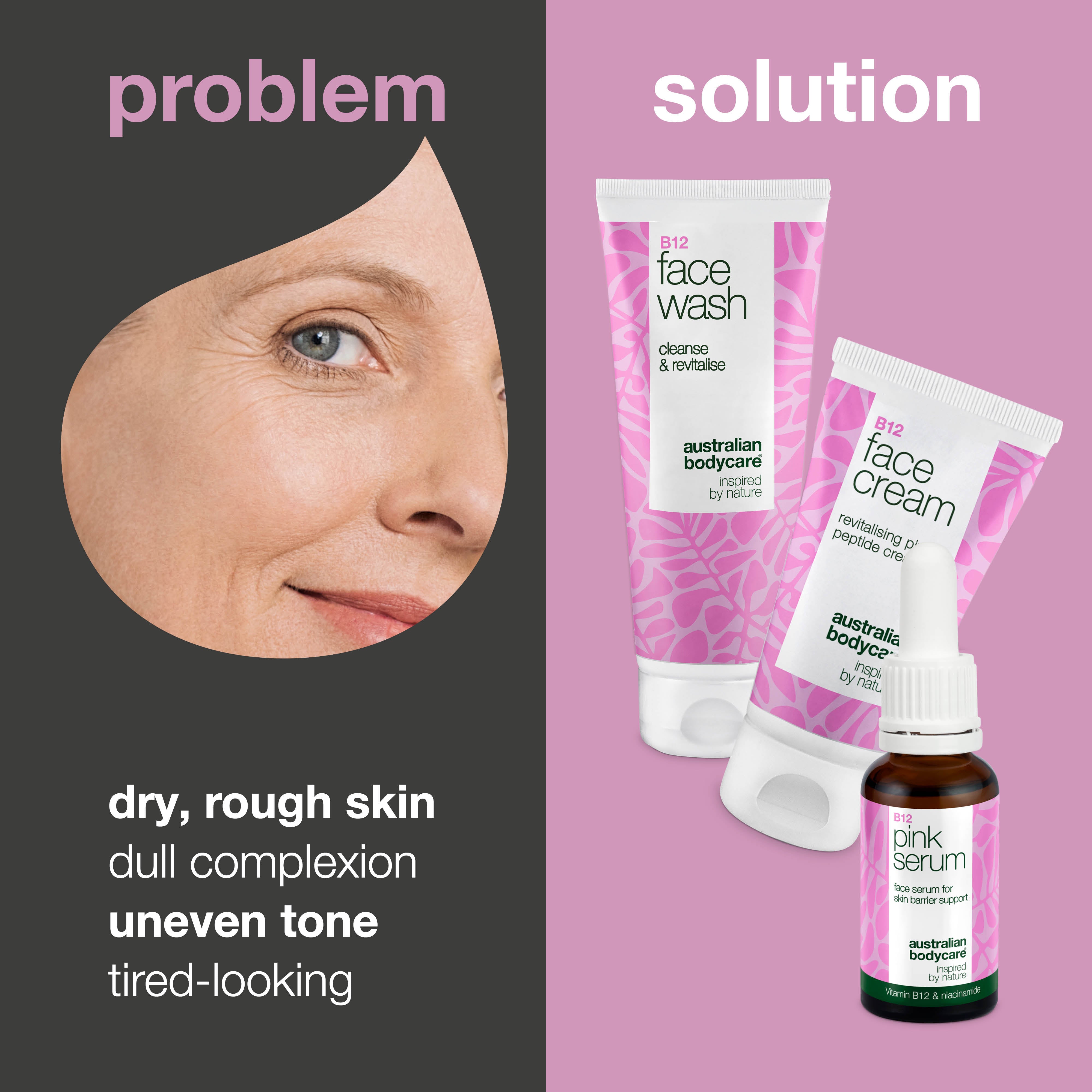 Vitamin B12 cilt bakım seti – yüz yıkama jeli, serum ve yüz kremi — Pürüzsüz, sağlıklı bir cilt için günlük kullanım seti; nazik temizlik, hafif nem ve düzenli bakım sağlar