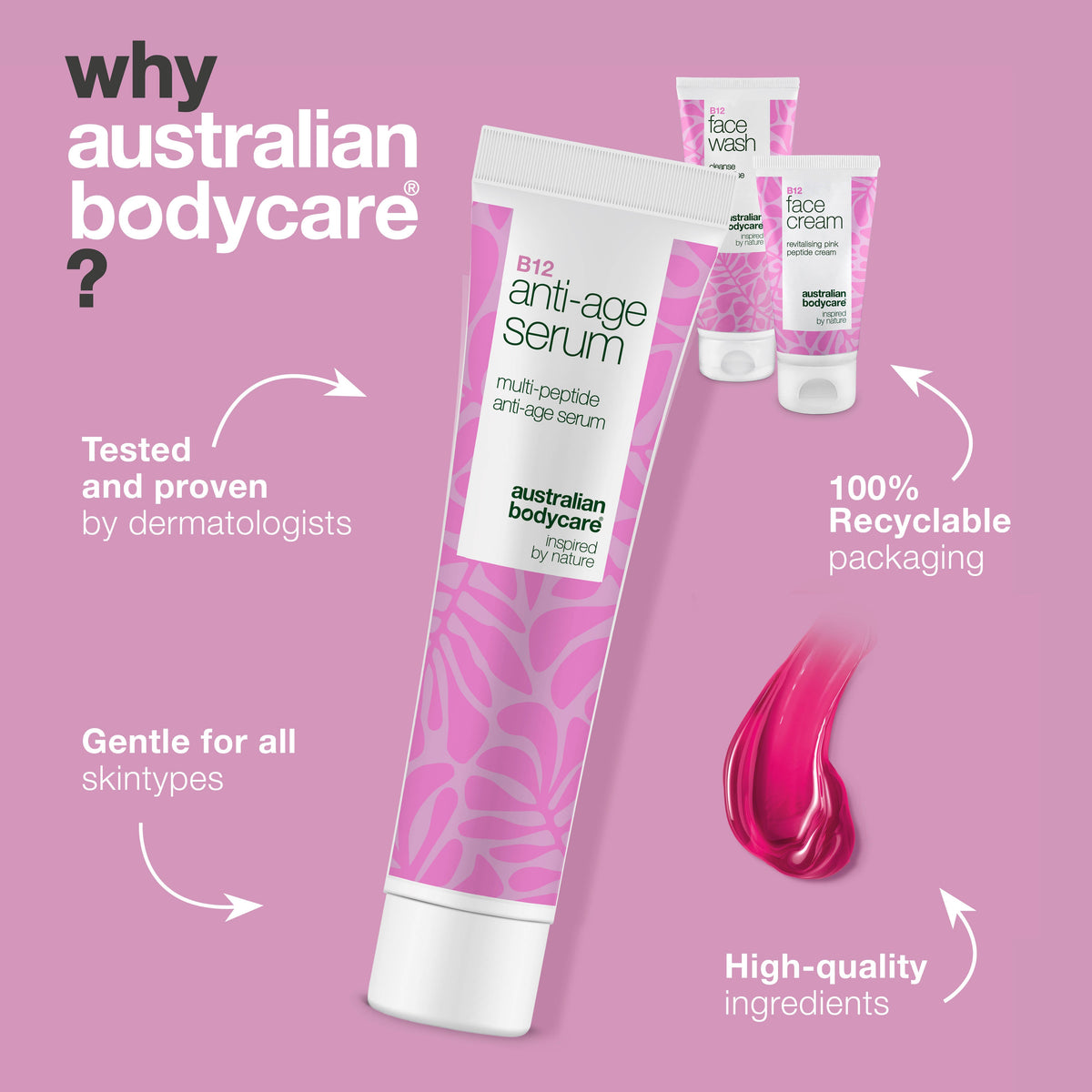 Vitamin B12 yüz yıkama, serum ve krem seti, olgun ciltler için — Olgun ciltlere özel bu set, cildi nazikçe arındırır, besler ve daha sıkı, aydınlık bir görünüm kazandırmaya yardımcı olur