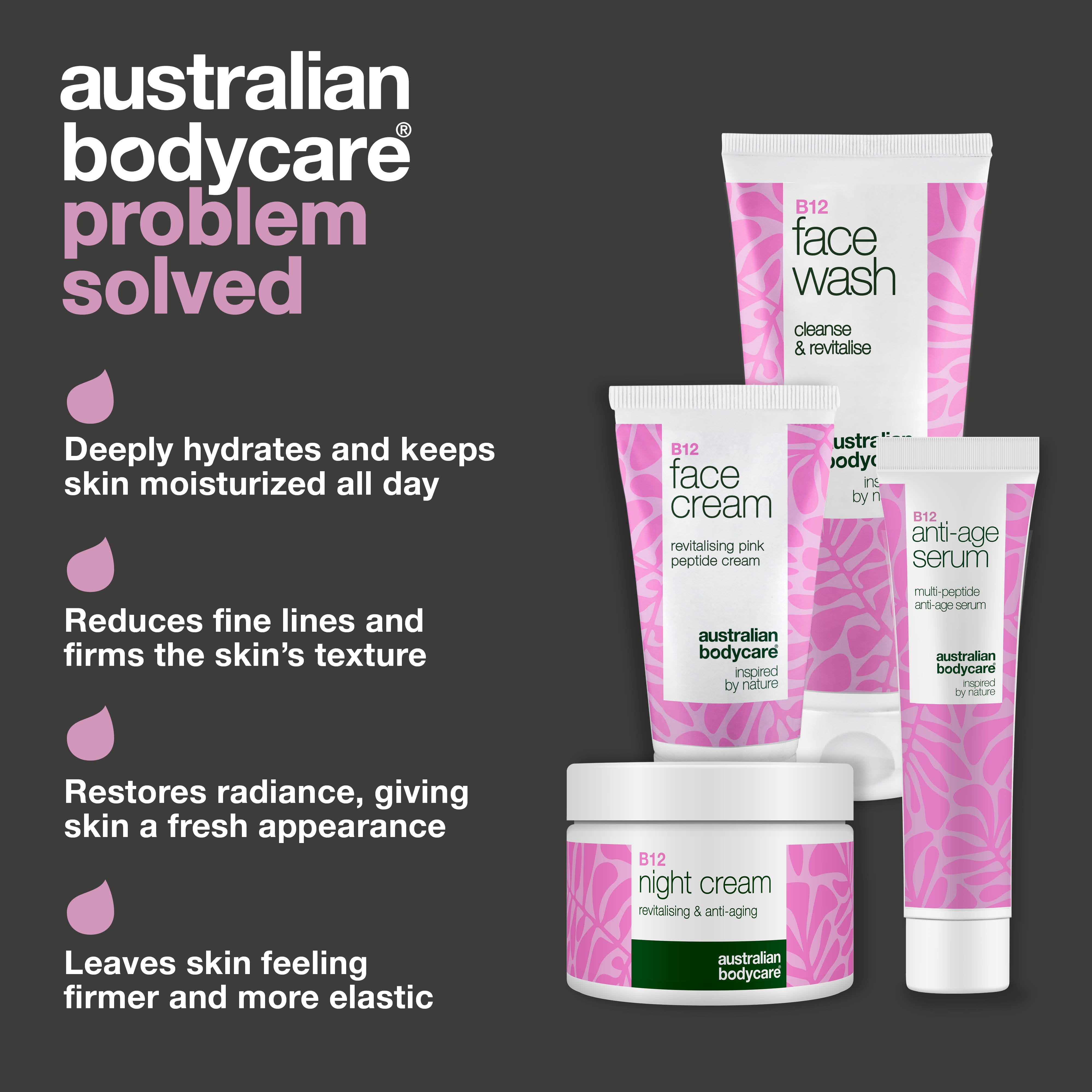 Vitamin B12 yaşlanma karşıtı set – olgun ciltler için yoğun nem ve sıkılaşma sağlayan bakım seti, cilt dokusunu pürüzsüzleştirir, daha canlı ve toparlanmış bir görünüm sunar