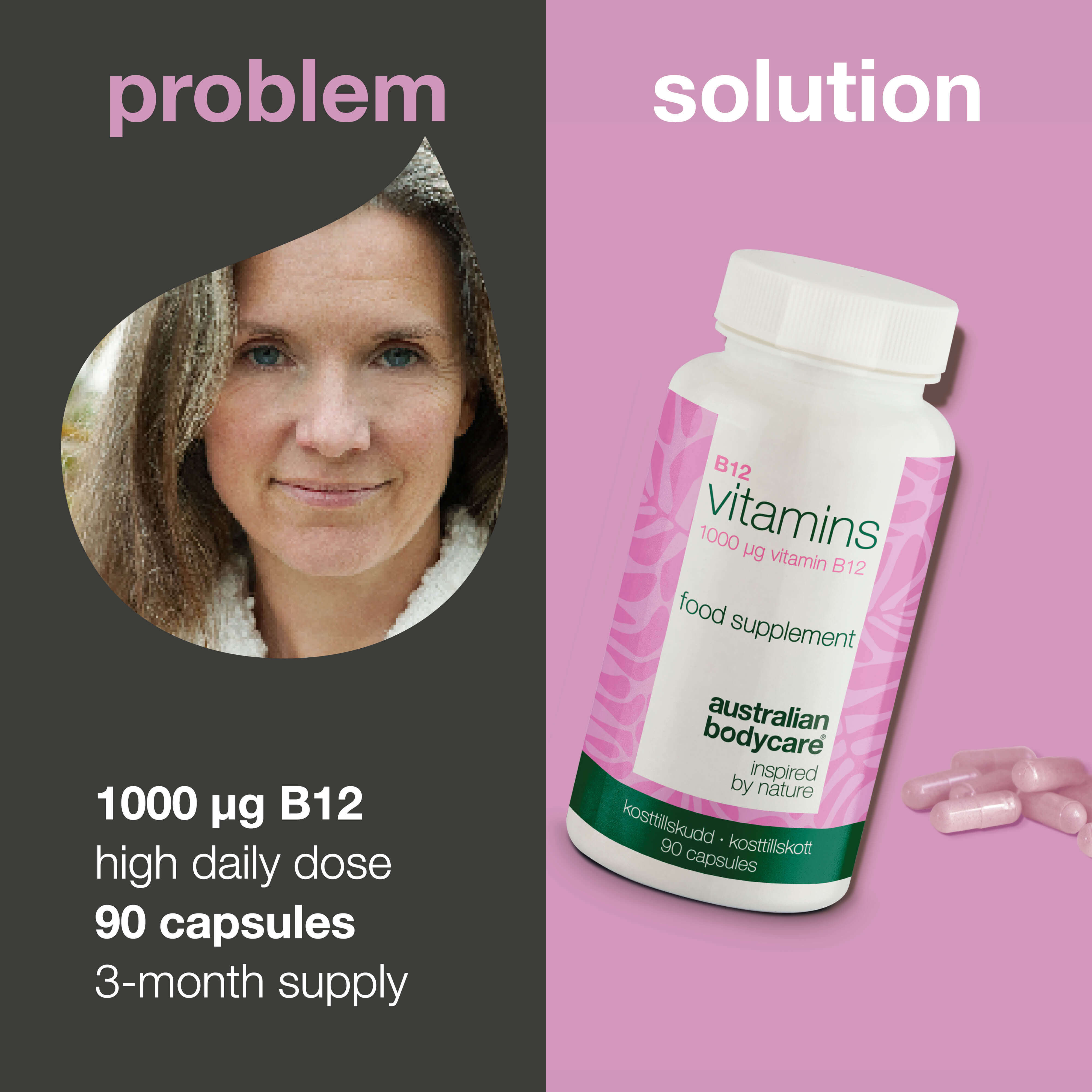 Vitamin B12 takviyesi – 90 vegan kapsül, her biri 1000 µg — Yüksek doz Vitamin B12 formülü, 90 günlük kullanım sunar; enerji desteği ve bitki bazlı beslenenler için günlük destek sağlar