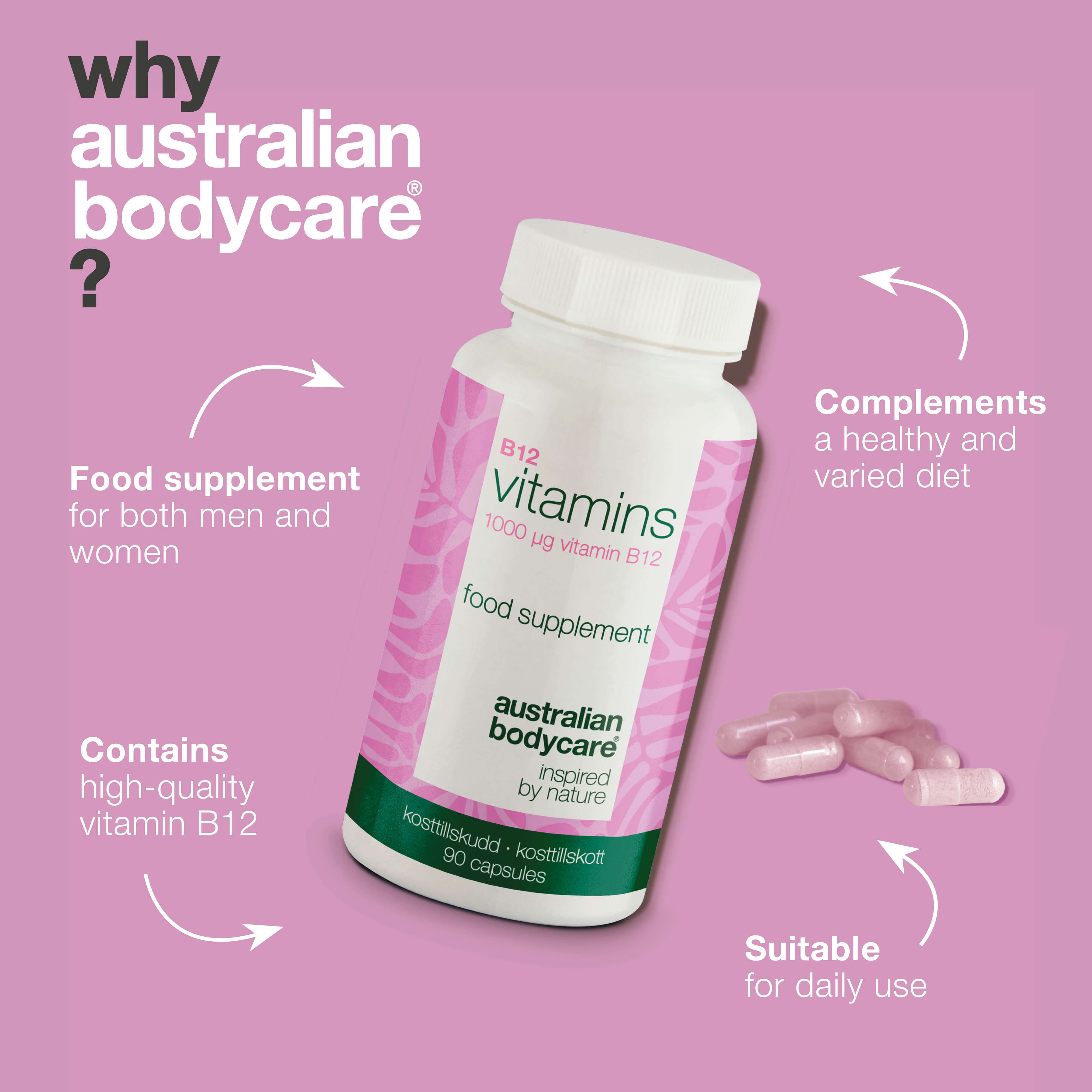 Vitamin B12 takviyesi – 90 vegan kapsül, her biri 1000 µg — Yüksek doz Vitamin B12 formülü, 90 günlük kullanım sunar; enerji desteği ve bitki bazlı beslenenler için günlük destek sağlar