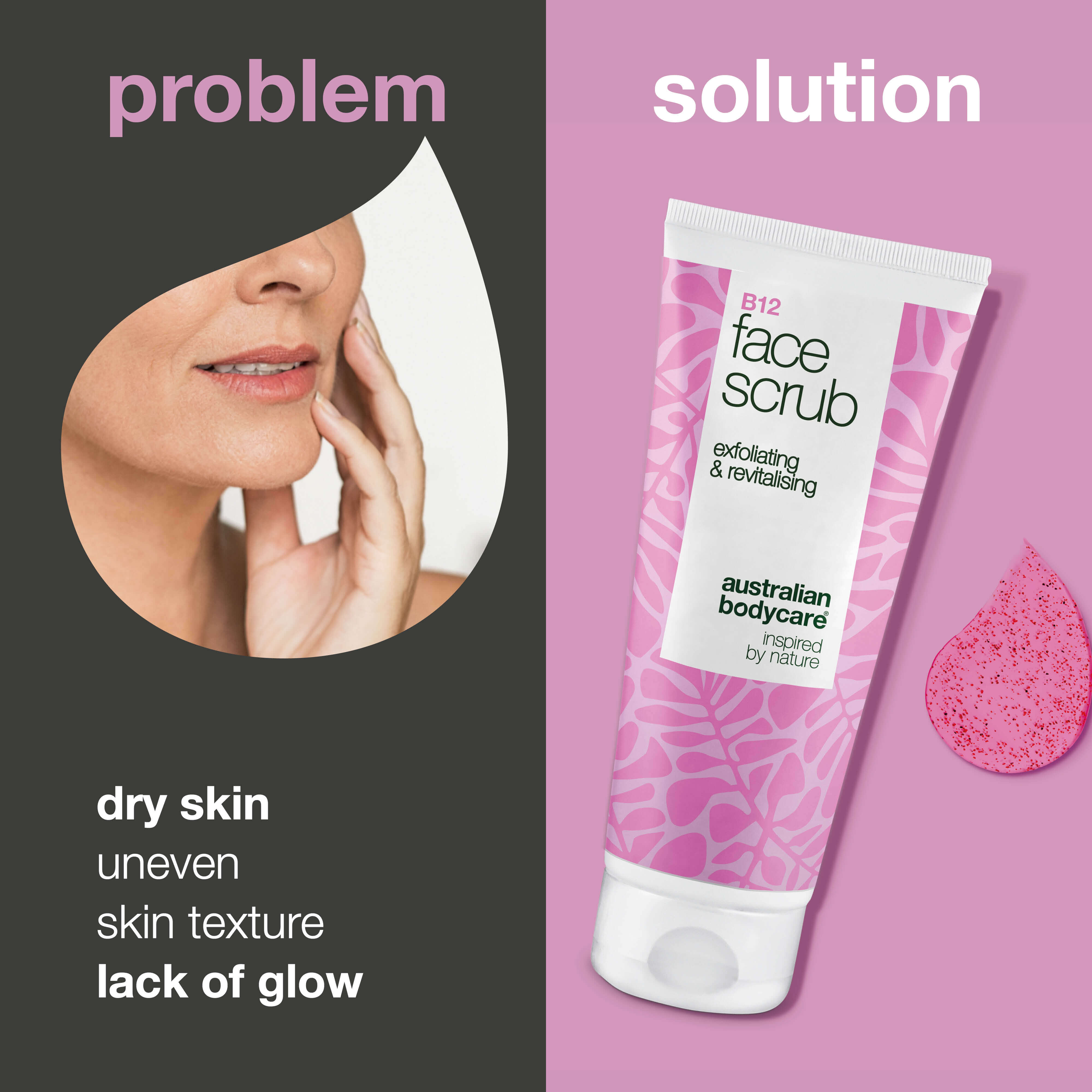 Vitamin B12 ve AHA yüz peelingi ile donuk cilt — Donuk ve yorgun görünen cildi nazikçe arındırmaya, ışıltısını ve pürüzsüz görünümünü geri kazandırmaya yardımcı olur, günlük kullanıma uygundur