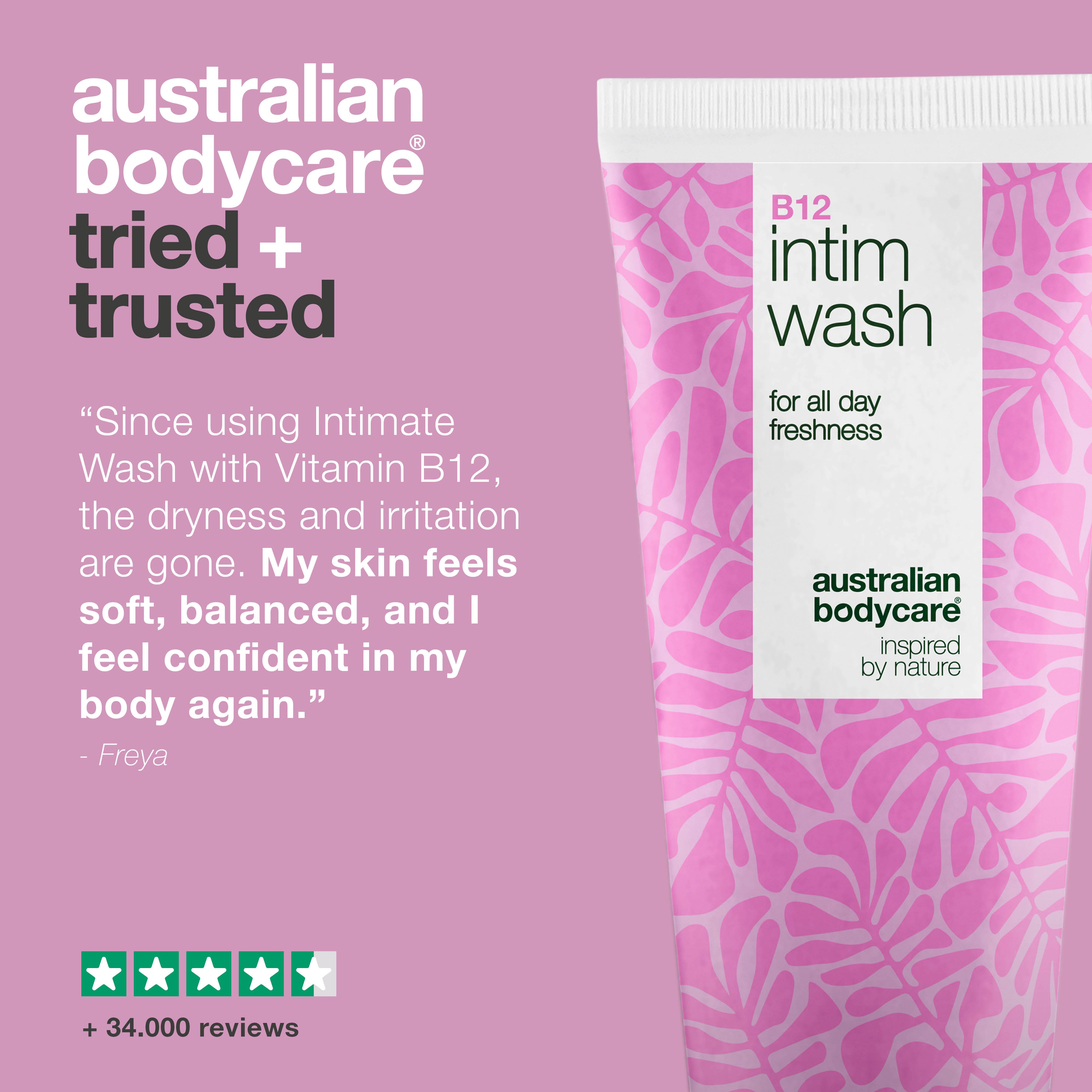 Vitamin B12’li 40+ Kadınlar için Hassas Bölge Yıkama Jeli — Kuruluk ve dengesizlik yaşayan 40+ kadınlar için, gliserin ve bitkisel kökenli temizleyicilerle günlük yatıştırıcı bakım