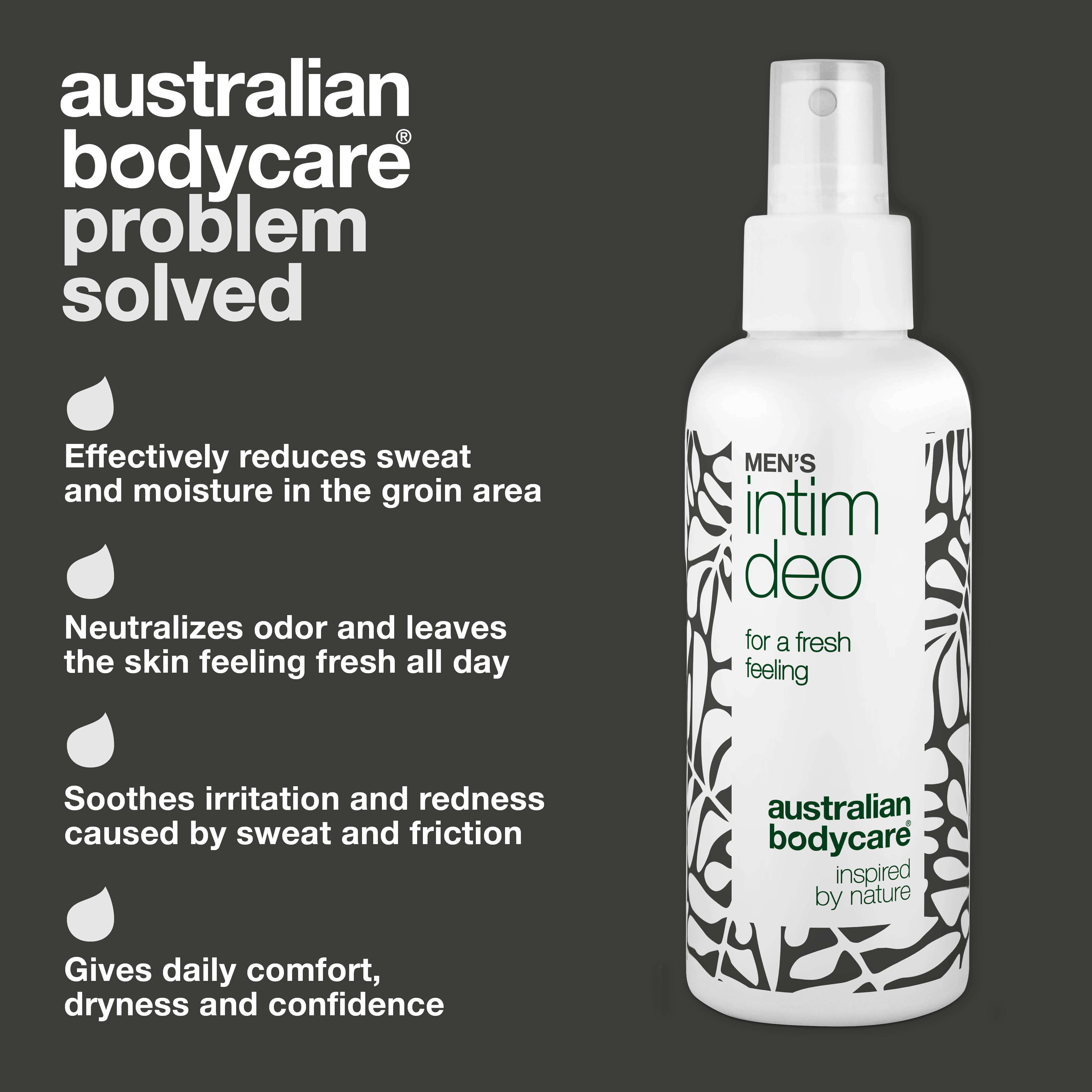 Erkeklere Özel İntim Deo – Ter, Koku ve Rahatsızlık Karşıtı Sprey — Erkek intim bölgesinde teri, kokuyu ve tahrişi azaltmaya yardımcı olur, gün boyu ferahlık ve konfor sağlar
