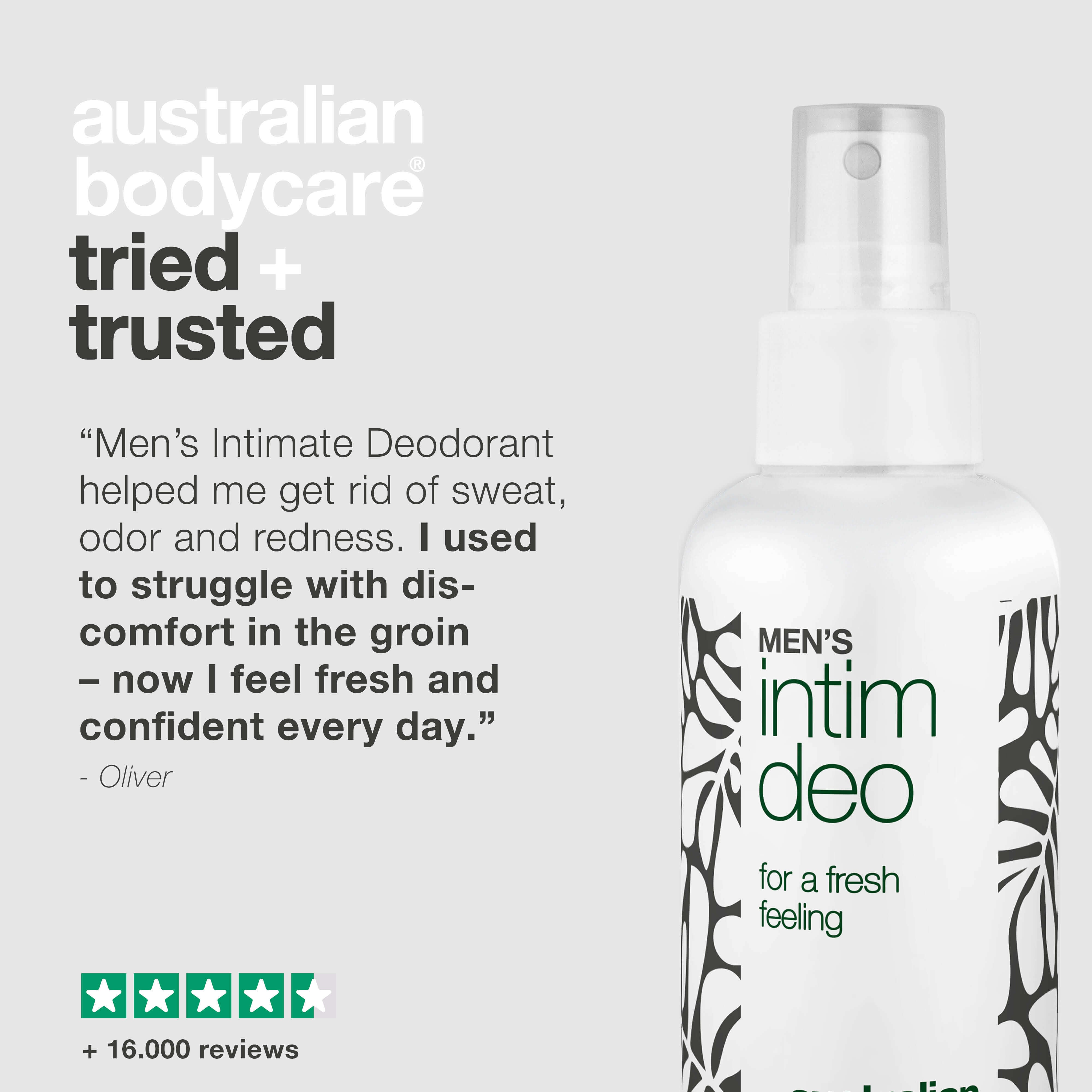 Erkeklere Özel İntim Deo – Ter, Koku ve Rahatsızlık Karşıtı Sprey — Erkek intim bölgesinde teri, kokuyu ve tahrişi azaltmaya yardımcı olur, gün boyu ferahlık ve konfor sağlar
