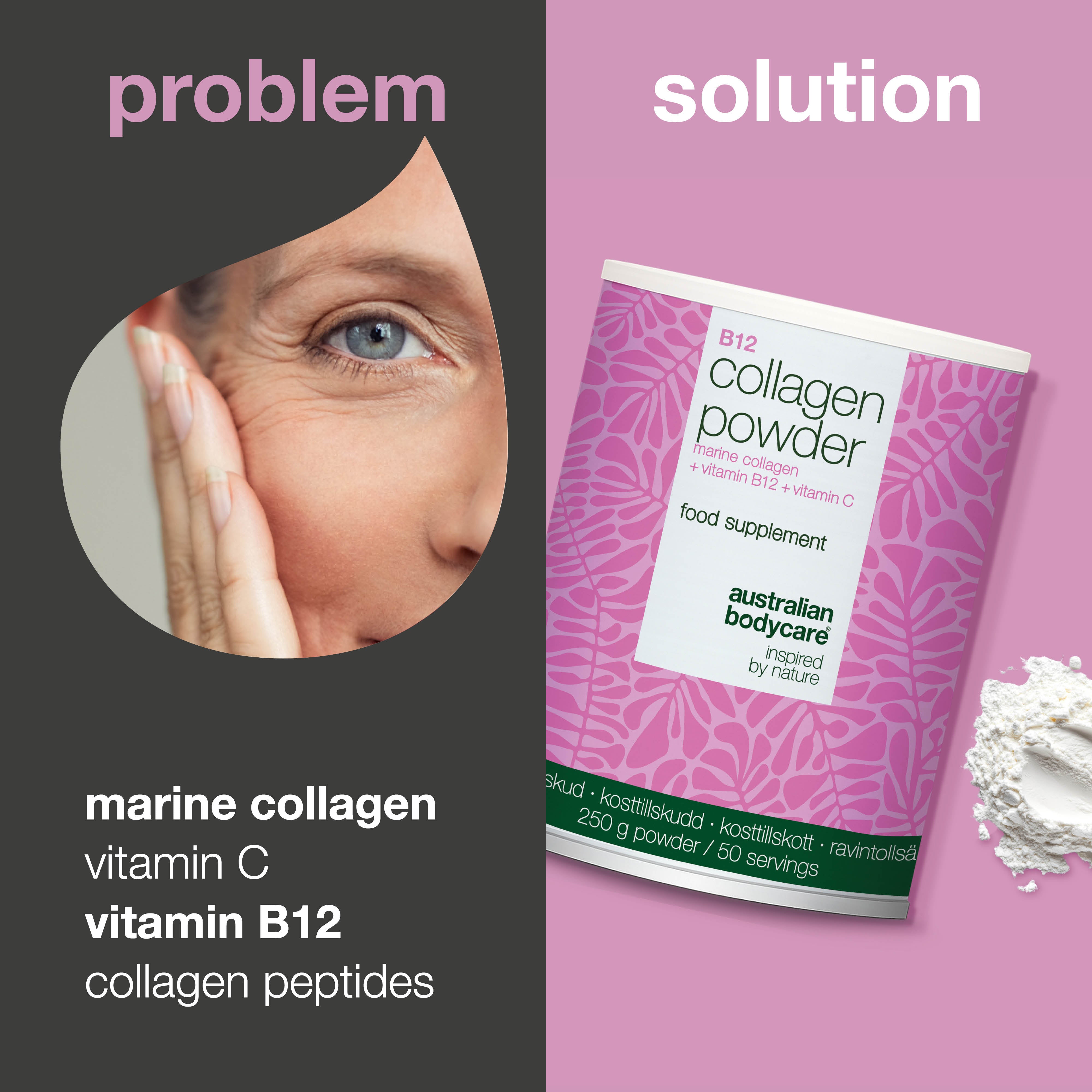 Deniz kaynaklı kolajen tozu C ve B12 vitaminli 250 g — Günlük kullanıma uygun bu deniz kolajeni karışımı, yiyecek ve içeceklere eklenerek C ve B12 vitamini desteği sağlar