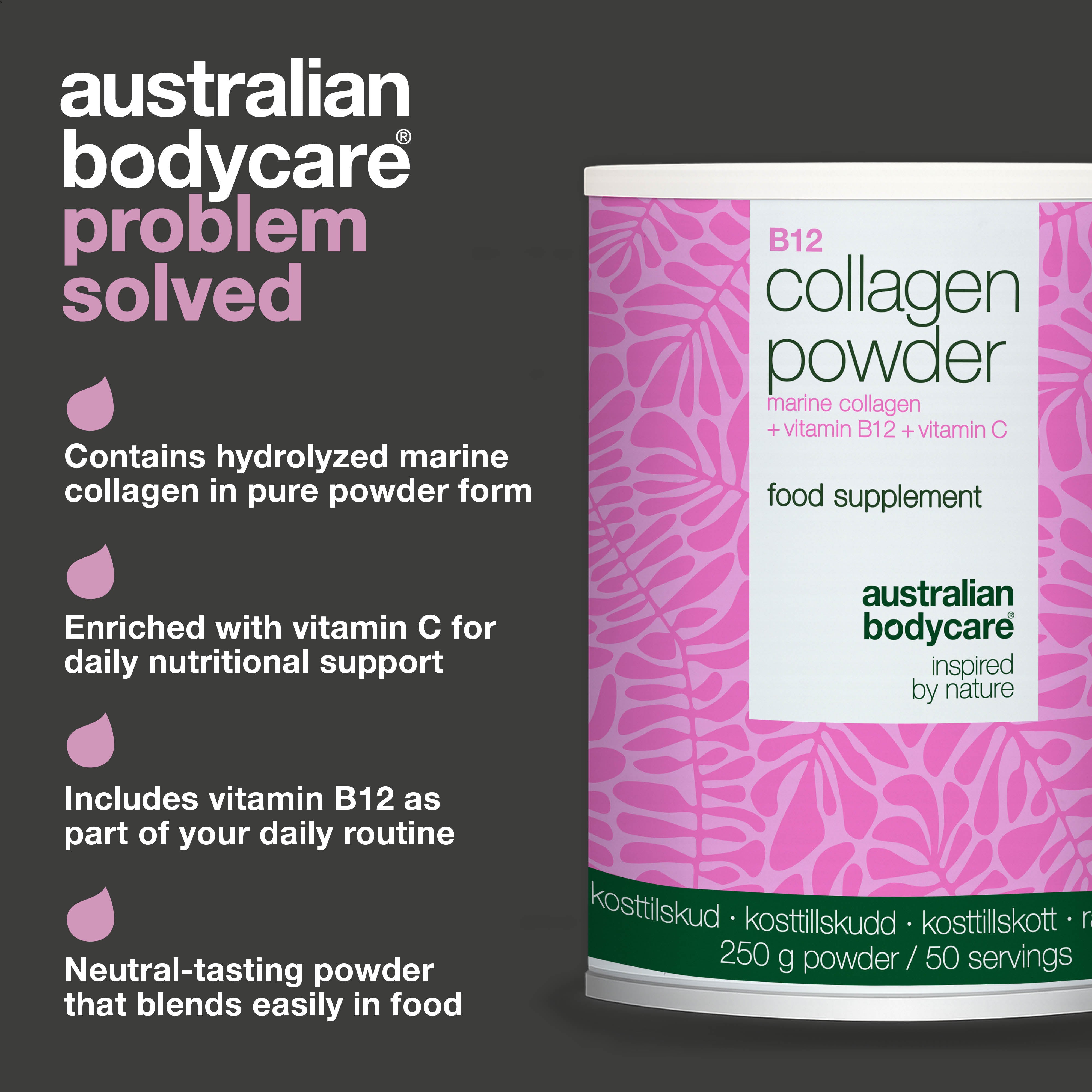 Deniz kaynaklı kolajen tozu C ve B12 vitaminli 250 g — Günlük kullanıma uygun bu deniz kolajeni karışımı, yiyecek ve içeceklere eklenerek C ve B12 vitamini desteği sağlar