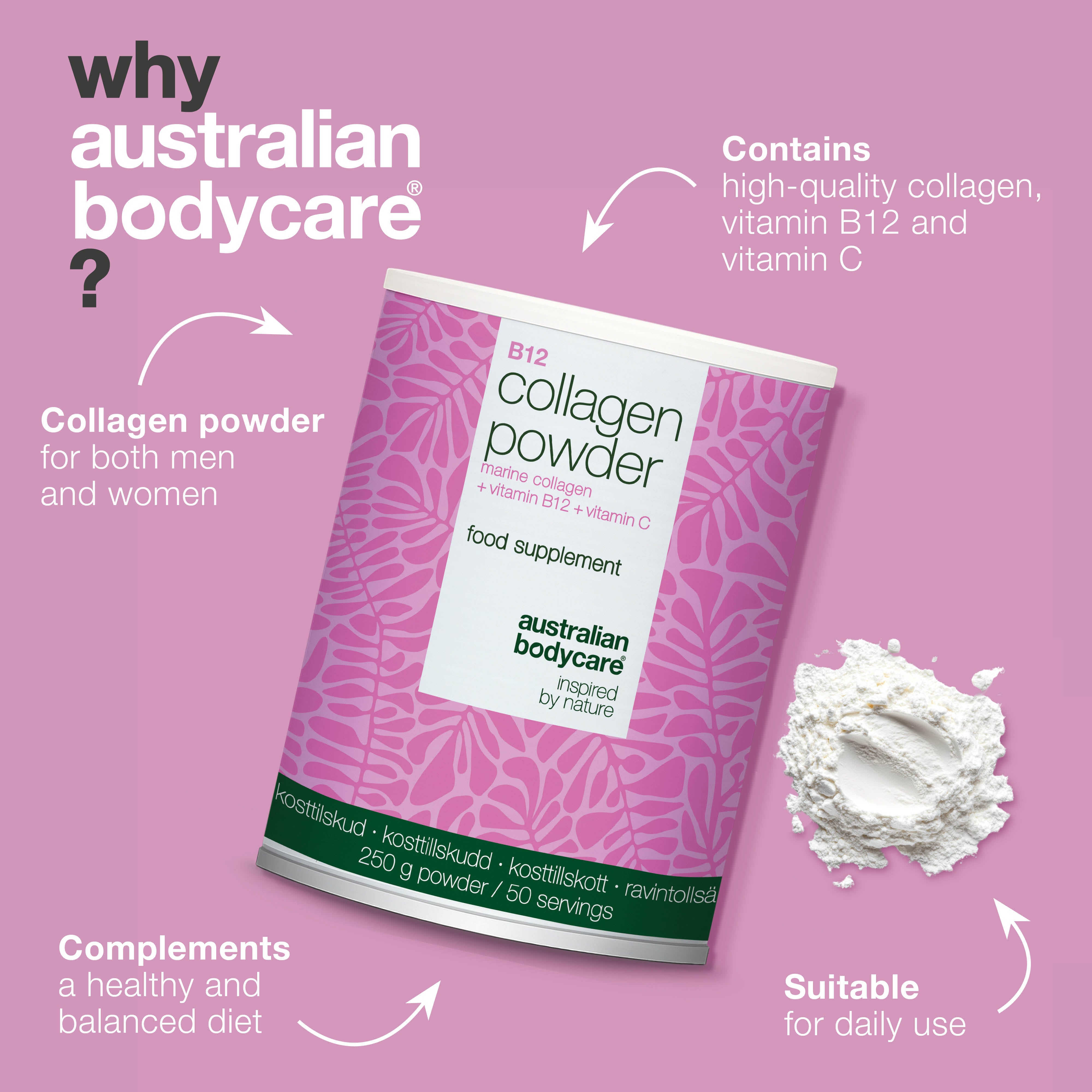 Deniz kaynaklı kolajen tozu C ve B12 vitaminli 250 g — Günlük kullanıma uygun bu deniz kolajeni karışımı, yiyecek ve içeceklere eklenerek C ve B12 vitamini desteği sağlar