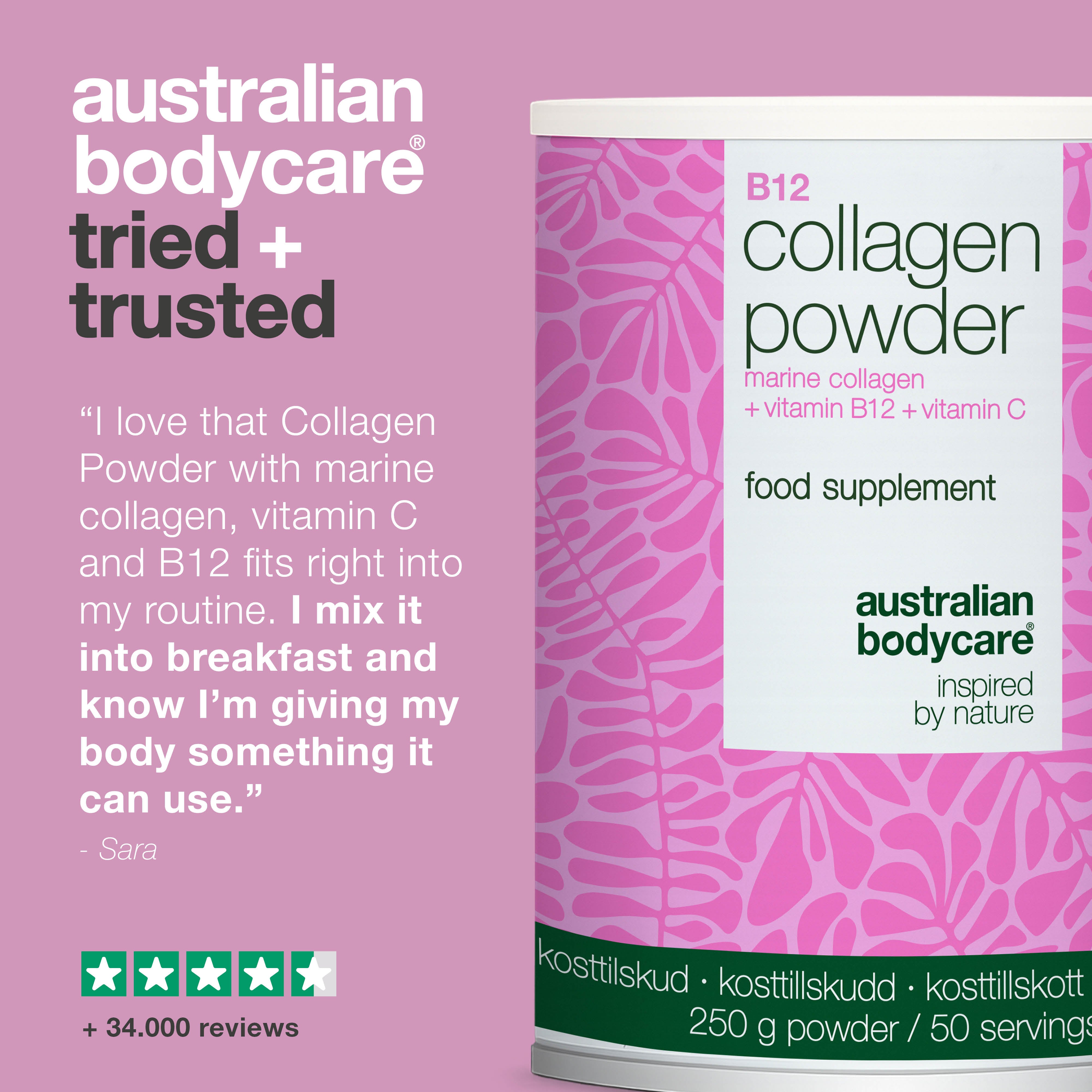 Deniz kaynaklı kolajen tozu C ve B12 vitaminli 250 g — Günlük kullanıma uygun bu deniz kolajeni karışımı, yiyecek ve içeceklere eklenerek C ve B12 vitamini desteği sağlar