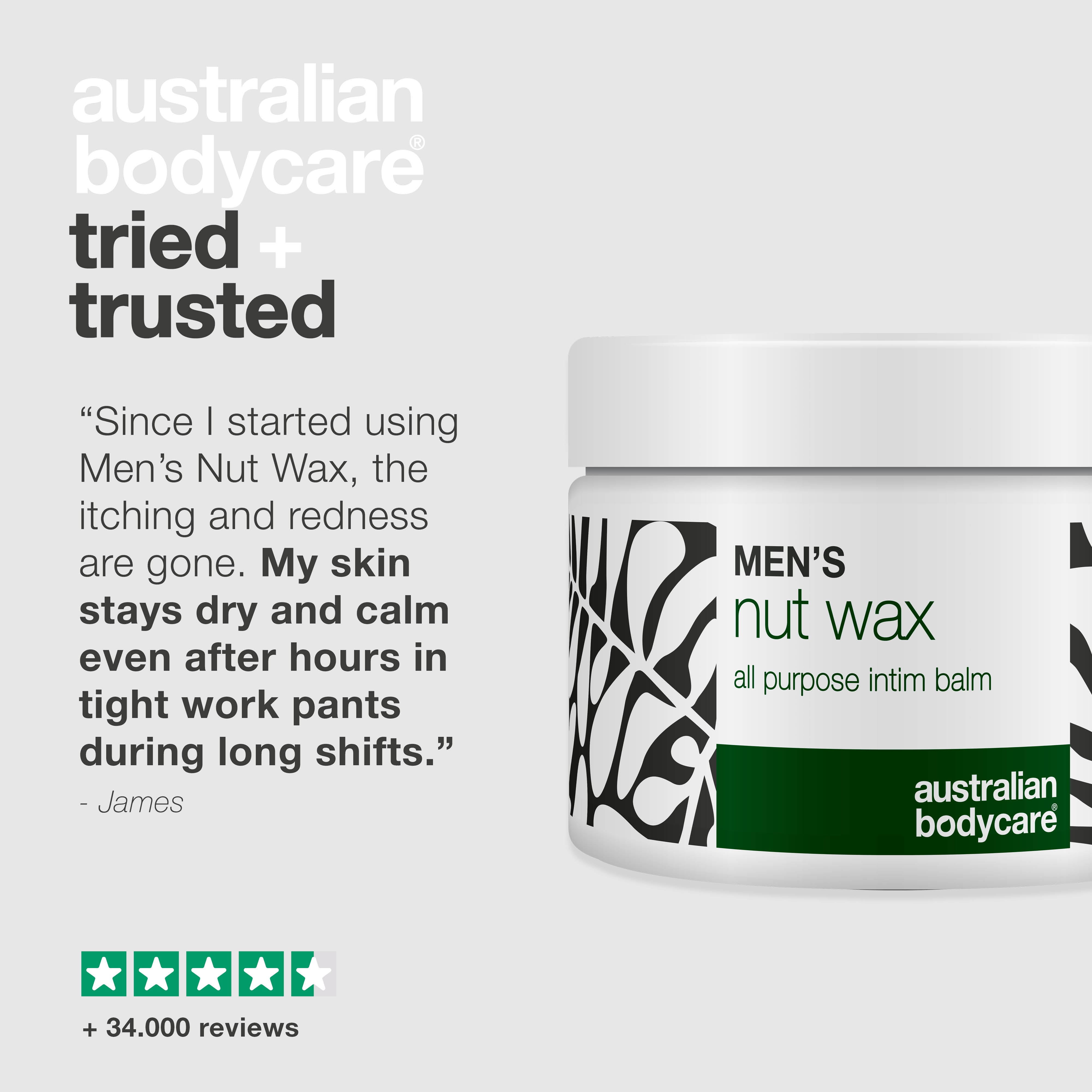 Erkekler için Nut Wax ter, sürtünme ve kasık kokusuna karşı — Shea yağı ve yatıştırıcı bisabolol içeren bu balm, testis bölgesini ferah, kuru ve korunmuş tutmaya yardımcı olur