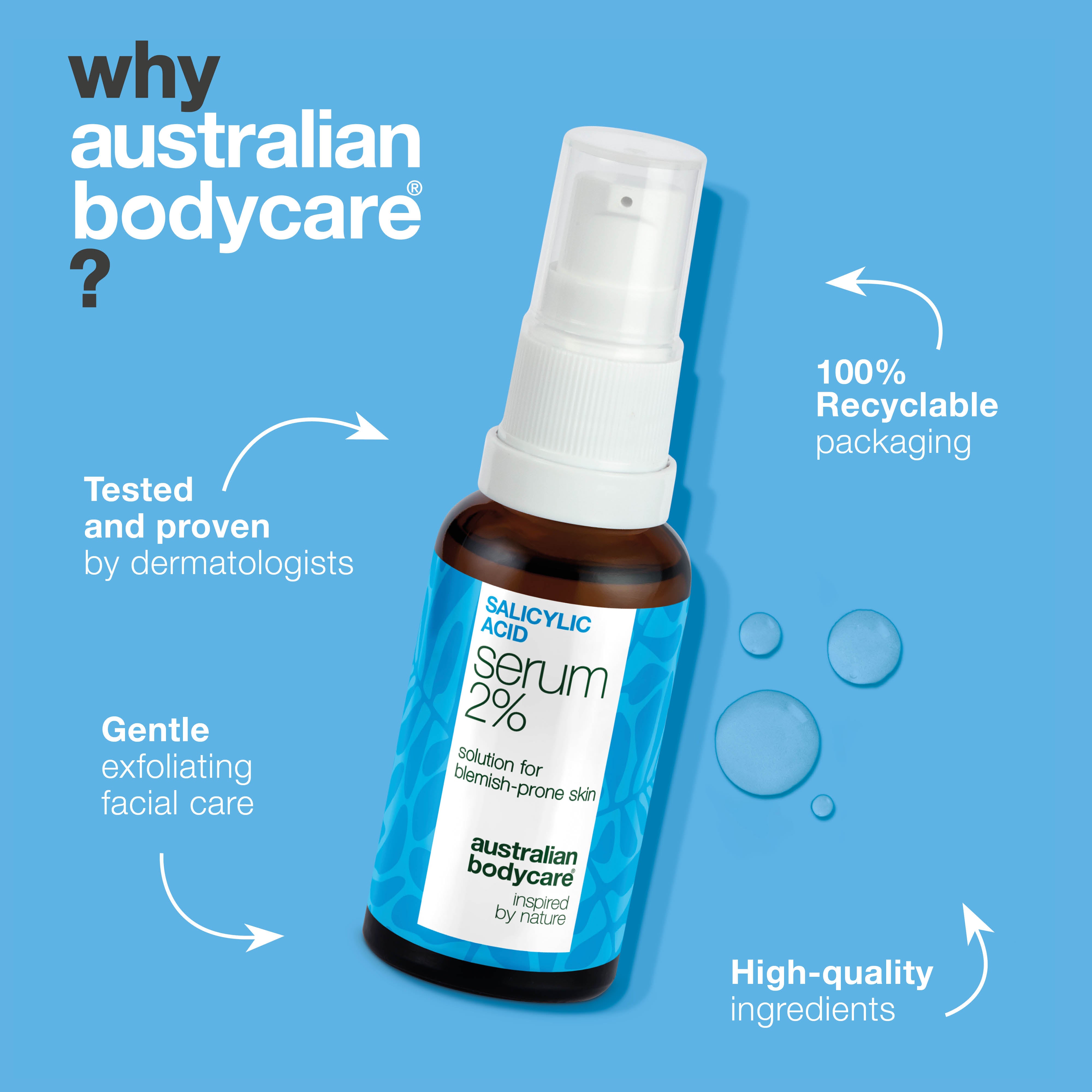 Salisilik asit serum, sivilceler, yağlı cilt ve gözenekler için — Salisilik asit serum, kusurlu ve yağlı cildi hedefler; Çinko PCA, yeşil çay, hyaluronik asit ve gliserin içerir