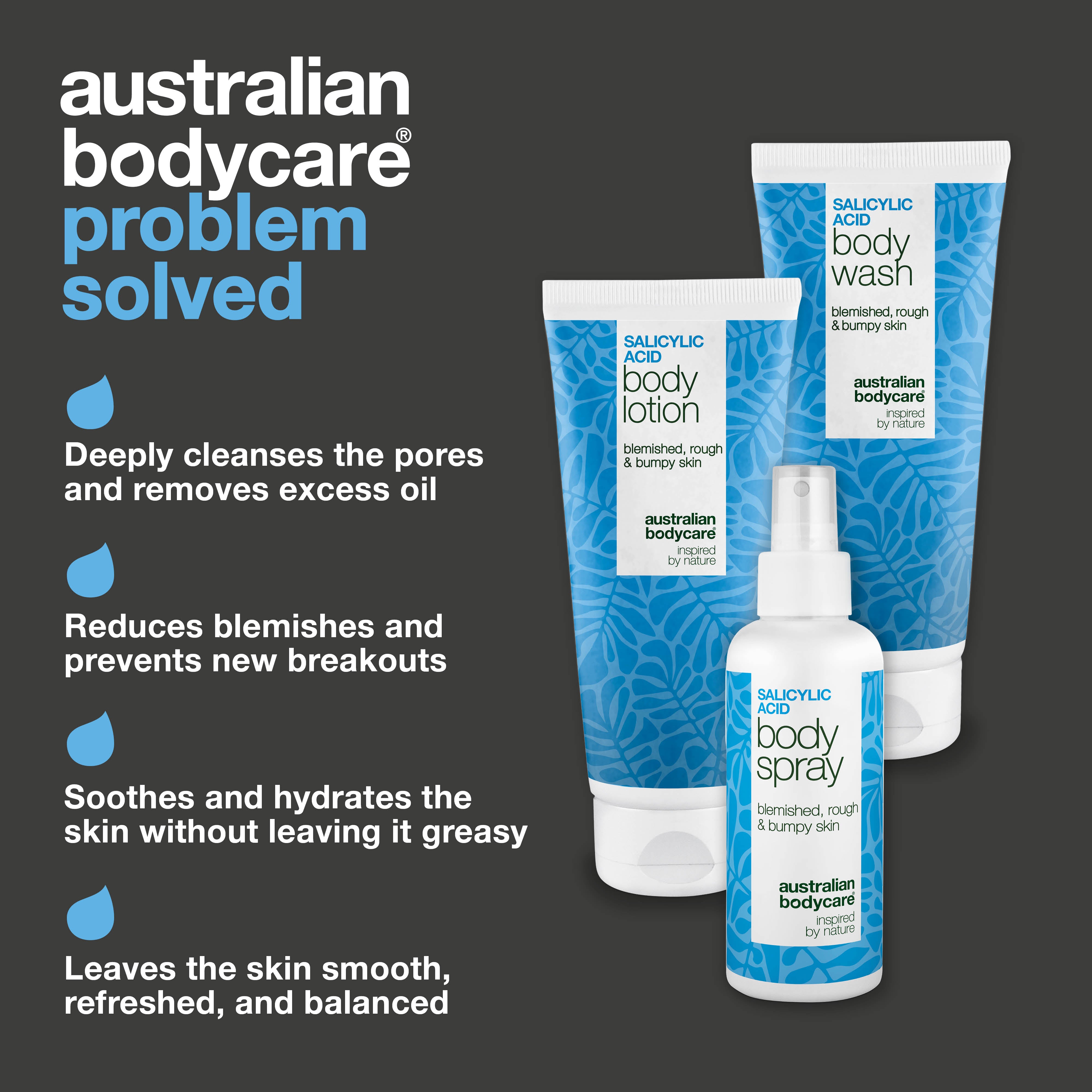 Salisilik Asitli, Niasinamidli ve Çinkolu Vücut Sivilce ve Leke Bakım Kiti — Sivilce, lekeler ve pürüzler için; gözenekleri derinlemesine arındırır, cildi daha pürüzsüz ve dengeli hissettirir