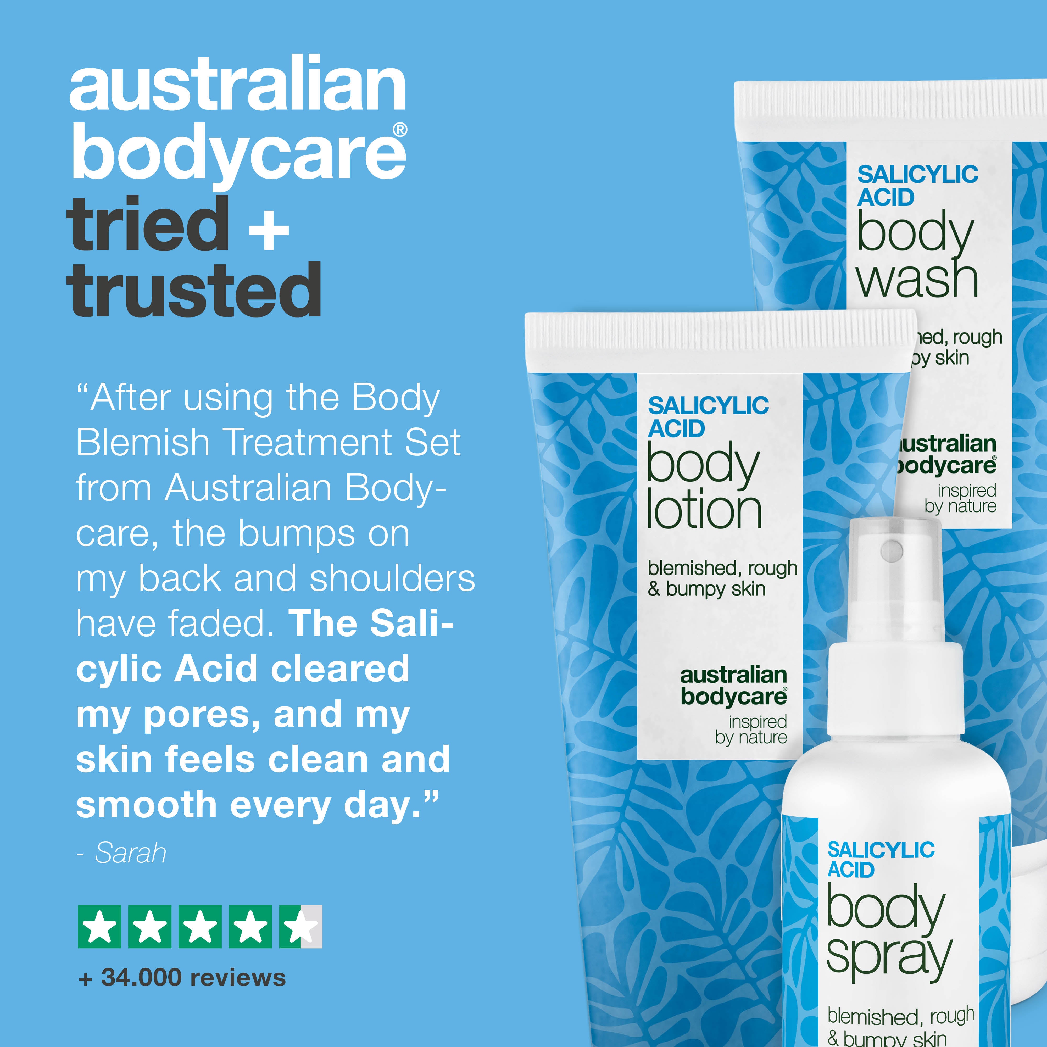 Salisilik Asitli, Niasinamidli ve Çinkolu Vücut Sivilce ve Leke Bakım Kiti — Sivilce, lekeler ve pürüzler için; gözenekleri derinlemesine arındırır, cildi daha pürüzsüz ve dengeli hissettirir