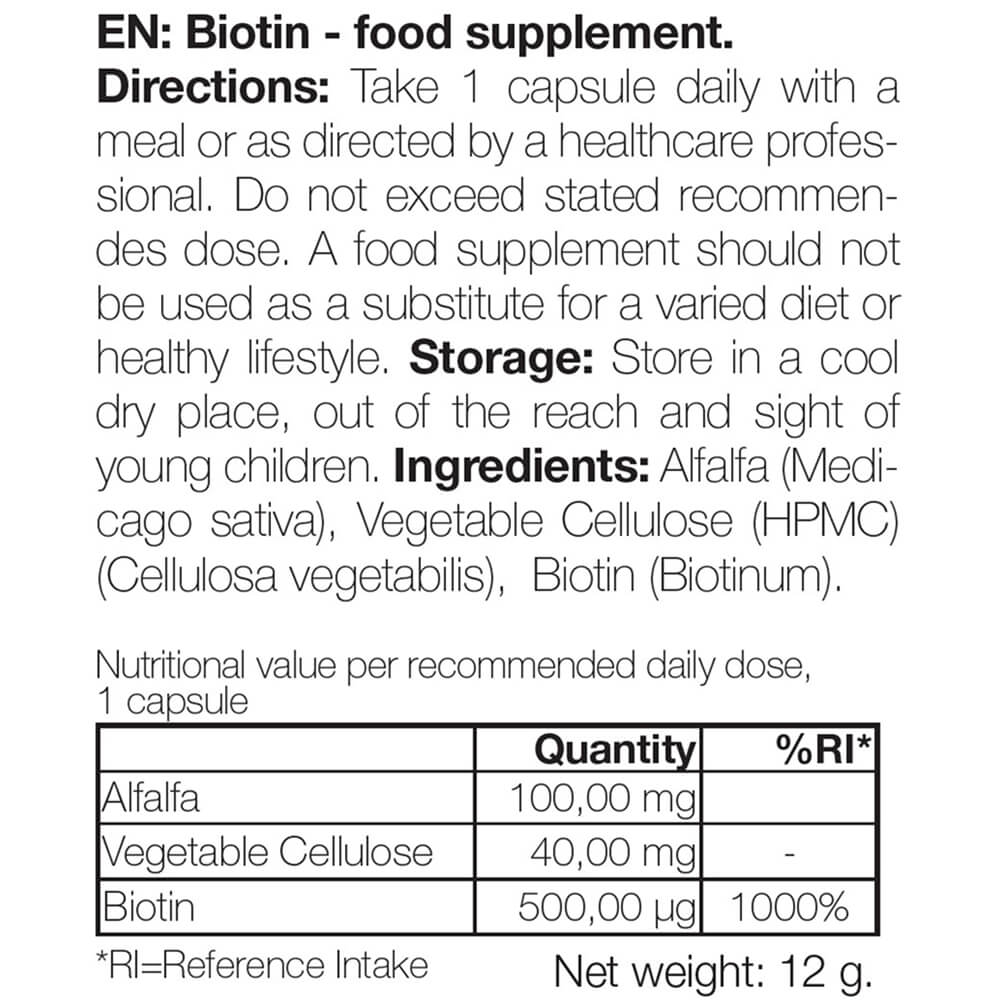 Biotin 500 µg Günlük Vitamin B7 Takviyesi – 90 Tablet — Biotin 500 µg içeren günlük kullanım için vitamin B7 takviyesi; saç, cilt ve mukozaların korunmasına destek olur